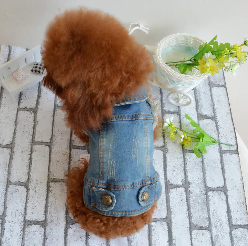 Denim dog vest with retro scratch pattern in dark and light wash colours for small to medium breeds