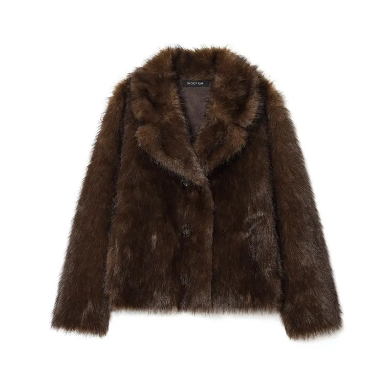 Brown women's faux fur effect jacket with faux fur collar, long sleeves, 50cm length, sizes XS-L.