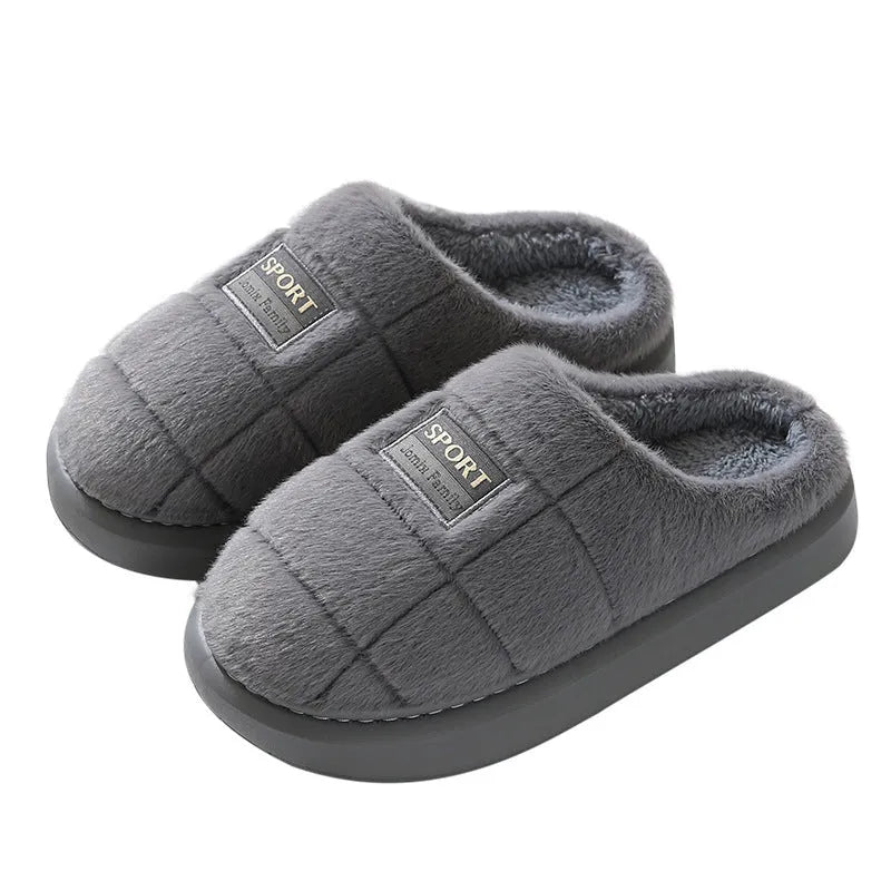 Men's grey and brown plaid winter slippers with thick wool lining and EVA soles