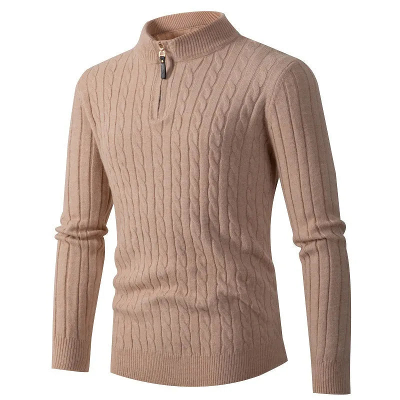 Men's thick twist gray sweater with zipper high collar jacquard knit cotton blend rabbit fur slim fit pullover