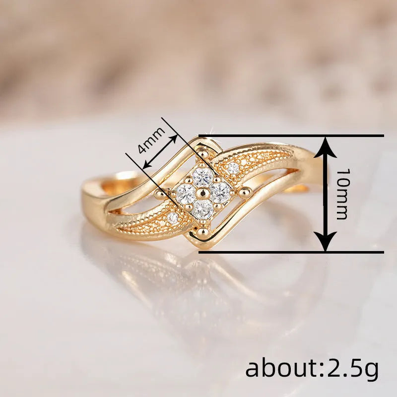 Yellow gold copper diamond ring with geometric design and inlaid zircon detailing