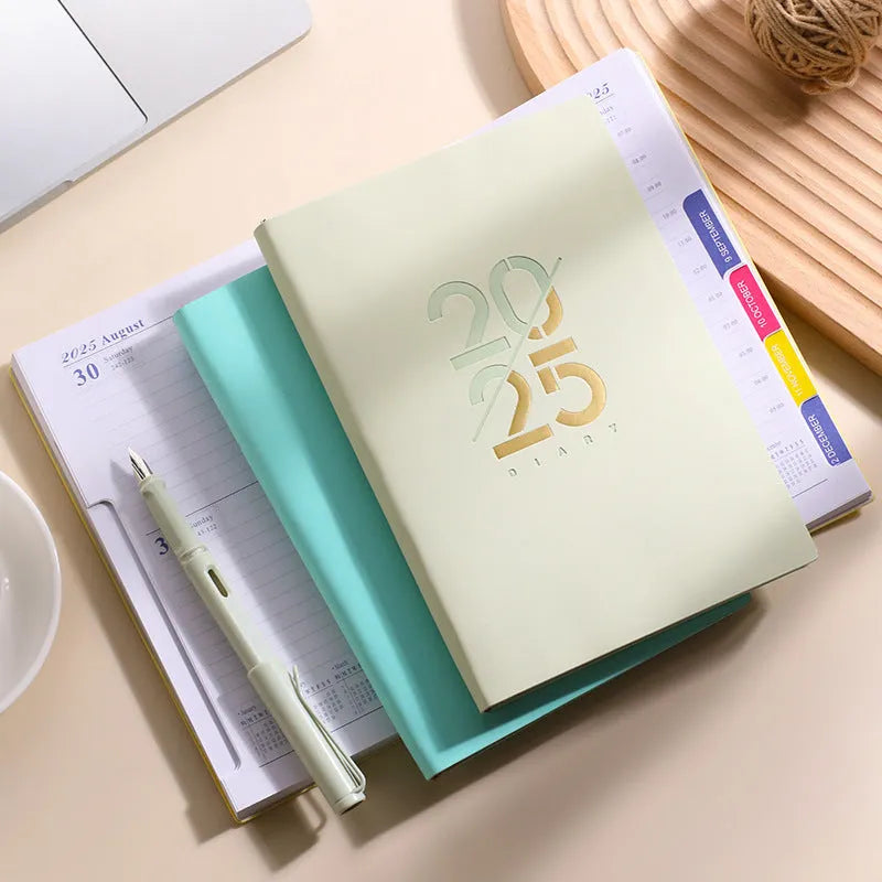 Soft leather A5 daily plan schedule book open showing weekly planner layout