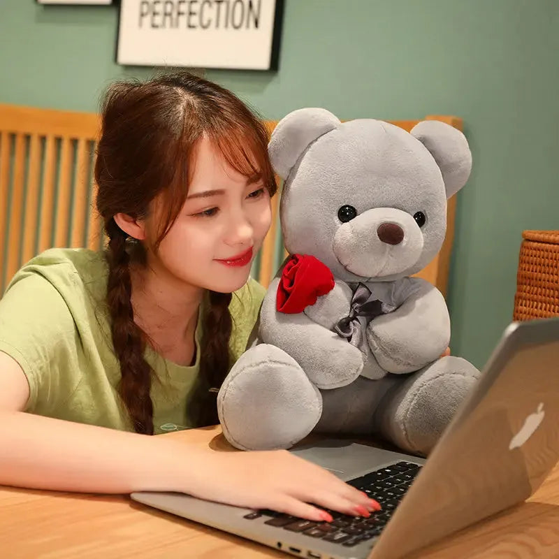 Rose bear plush doll in beige, brown, or grey colour with soft short plush fabric and cartoon design