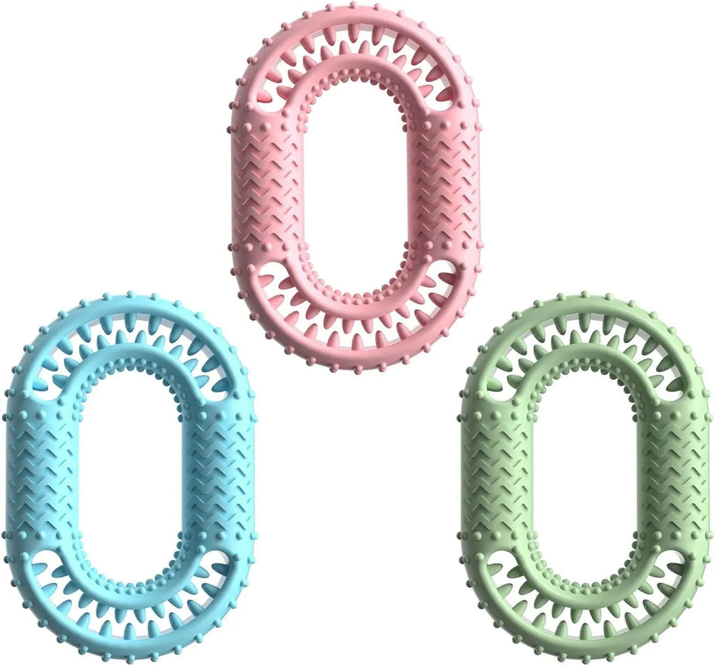 Blue green pink O-ring dog chew toy for aggressive chewers with dental benefits