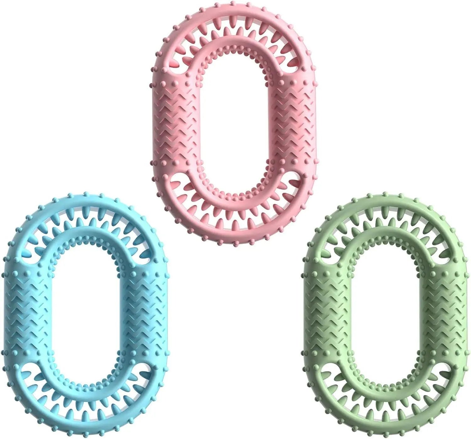 Blue green pink O-ring dog chew toy for aggressive chewers with dental benefits