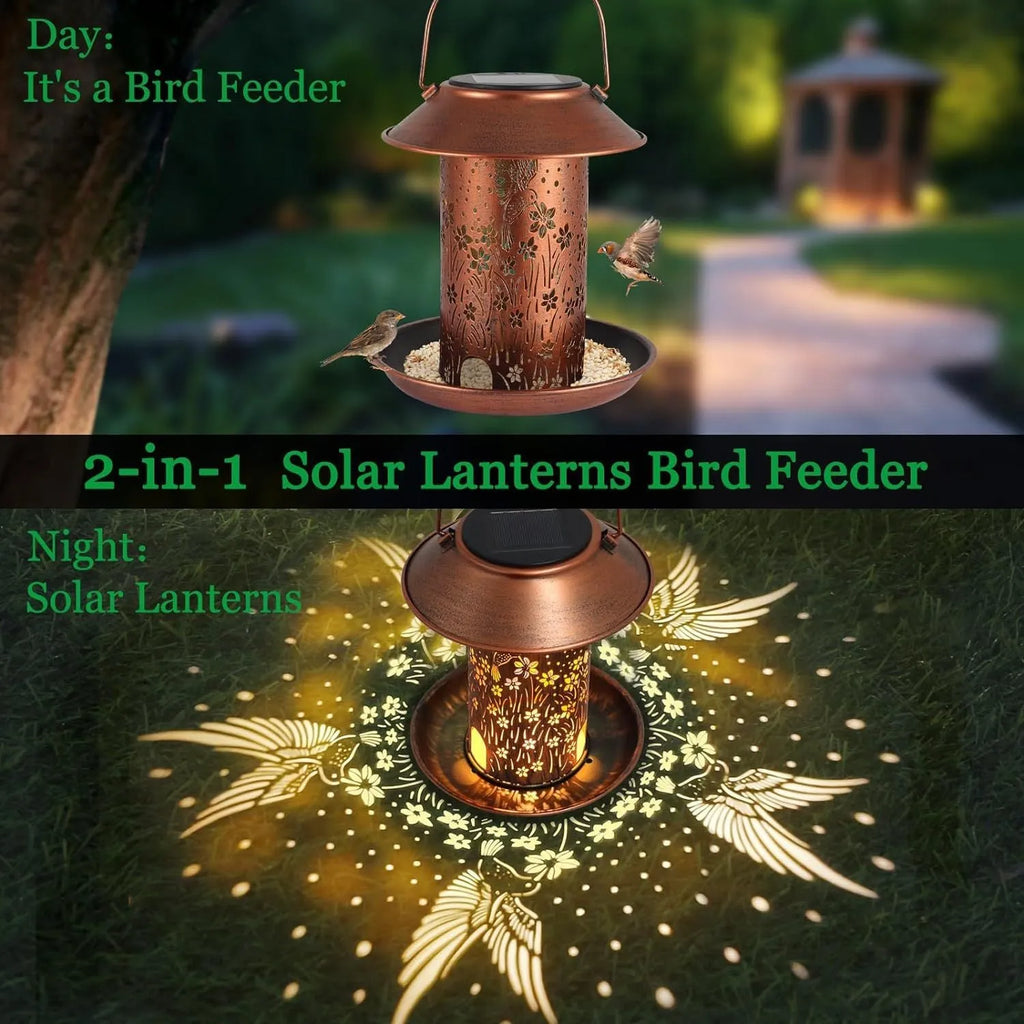 Hummingbird pattern solar-powered iron bird feeder and garden lamp with waterproof construction