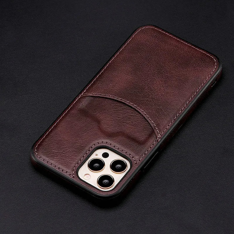 Dark blue PU leather protective case for an iPhone, showing front and back views.