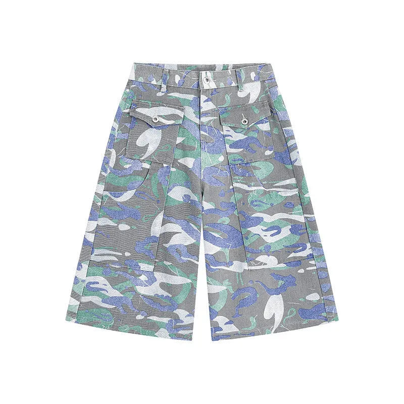 Camouflage denim cargo trousers with pockets in straight-leg cropped cut