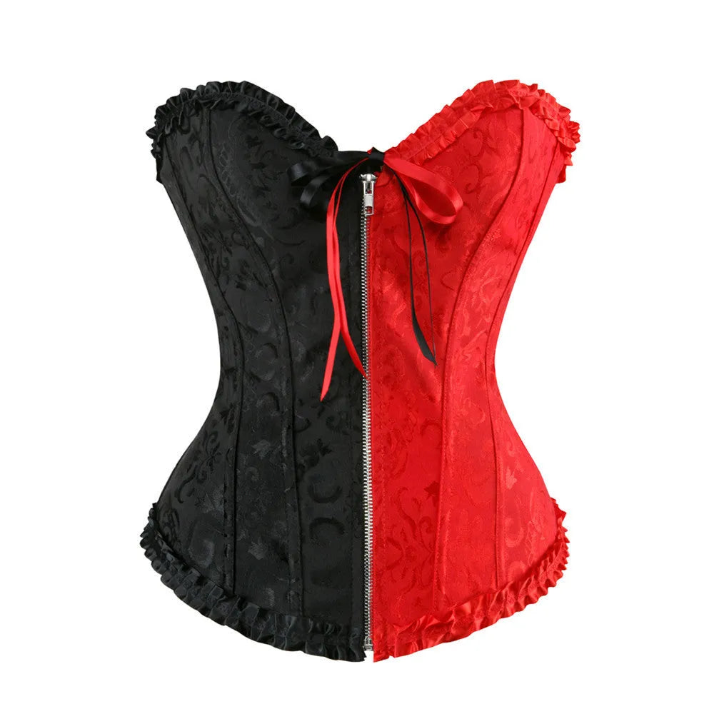 Front-zip women's jacquard corset in spandex for waist support, shown in a two-tone black and green colour.