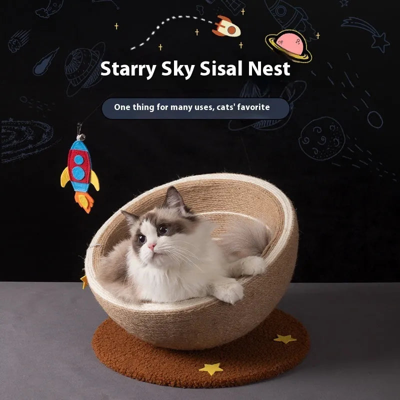 Large integrated cat scratching basin and bed with sisal rope scratching surface and flannel sleeping area
