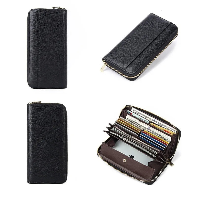 Genuine leather long women's wallet in multiple colours showing anti-theft card slot and storage compartments