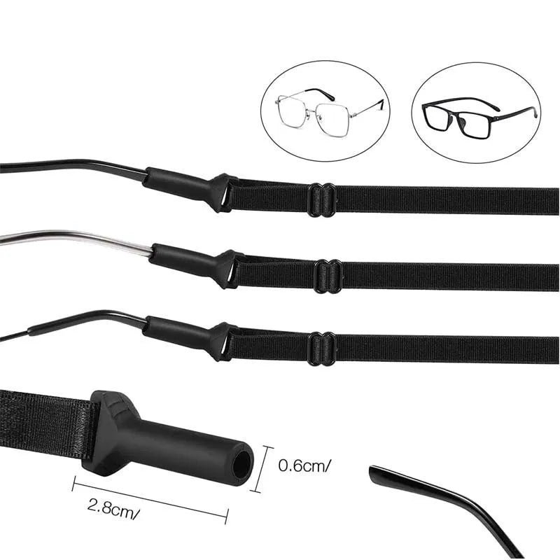 Black adjustable glasses cord with silicone earpiece ends for securing spectacles