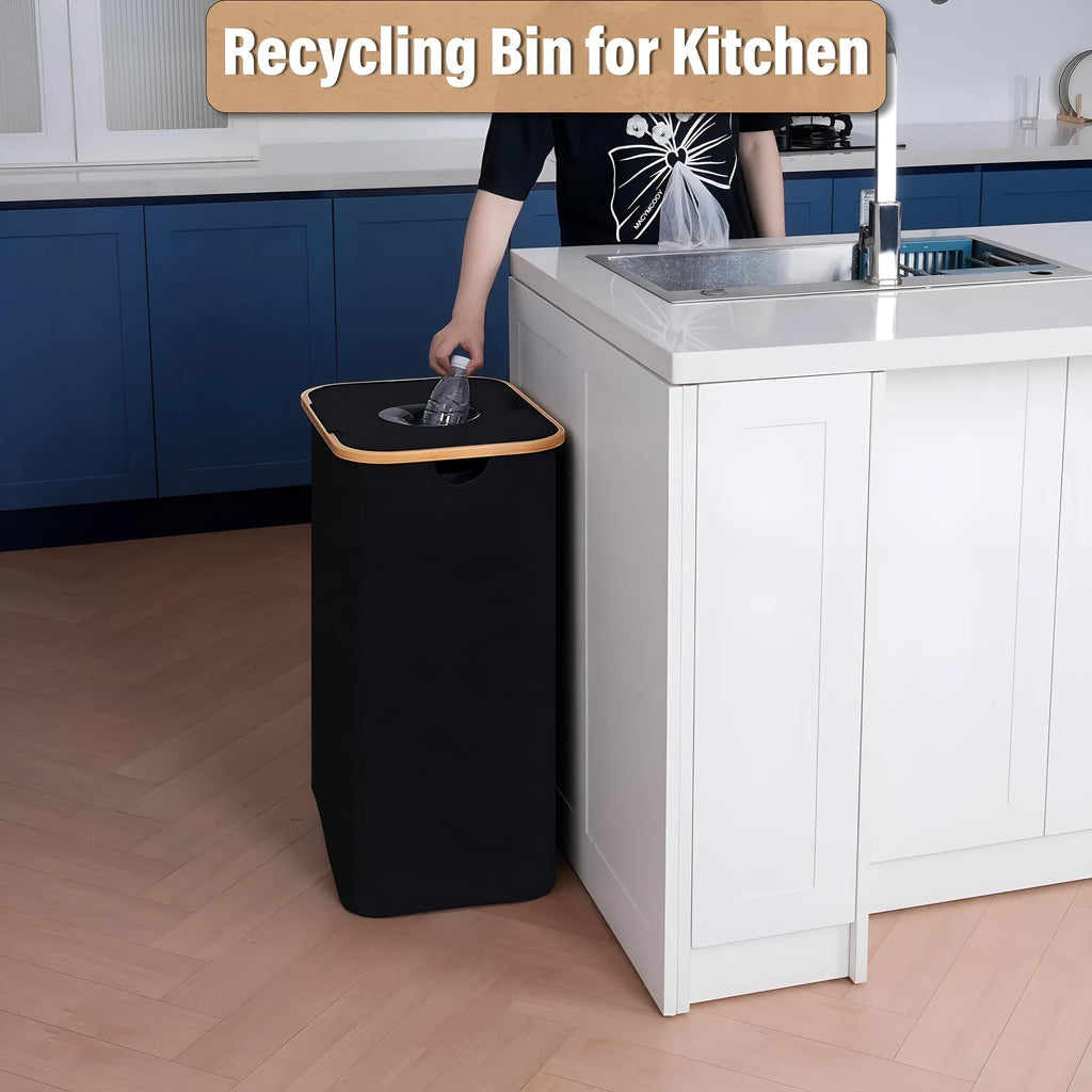 Black bamboo-pattern storage basket with removable lid and two inner pockets for organisation.