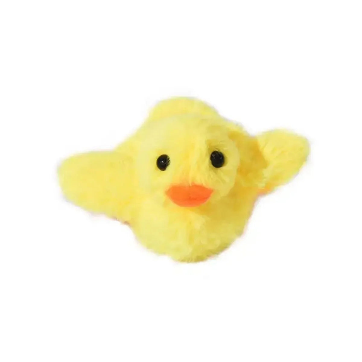 Yellow flapping duck cat toy with USB charging cable on a white background.