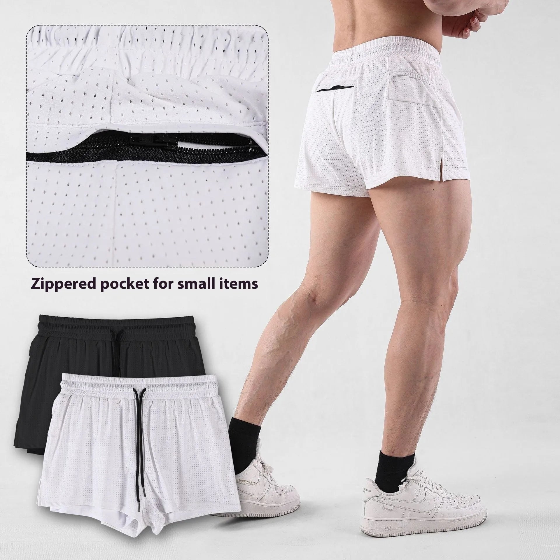 Men's black and white quick-dry nylon summer shorts with a mid waist fit.