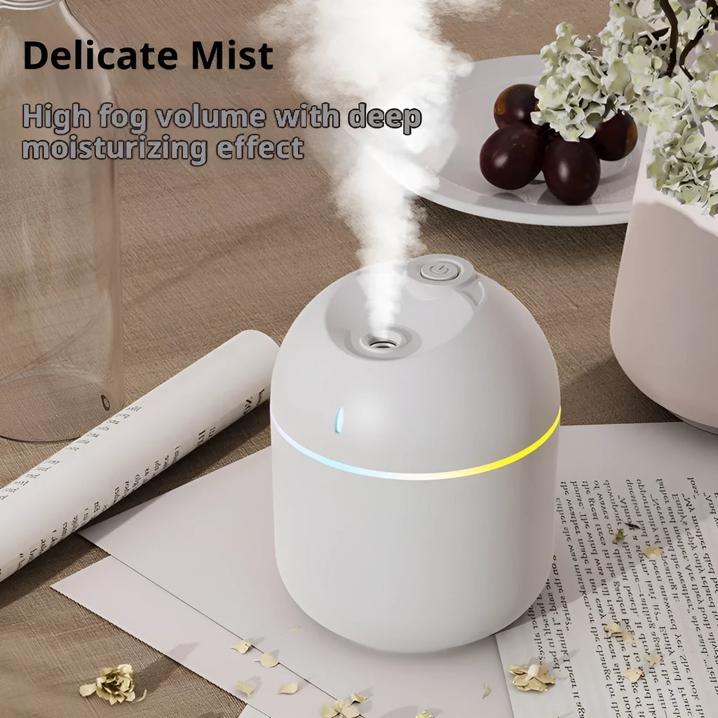USB water drop humidifier in white, pink, or green with colour light, mute operation, and 2-8 hour timer