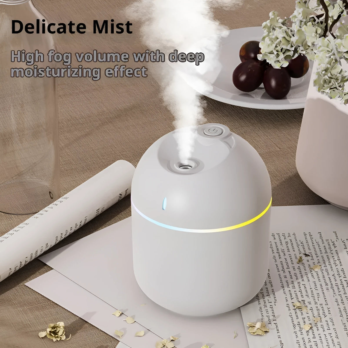 USB water drop humidifier in white, pink, or green with colour light, mute operation, and 2-8 hour timer