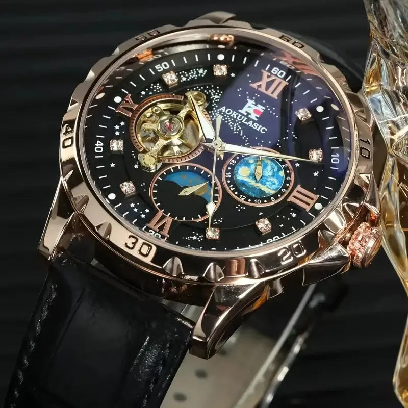 Men's automatic mechanical watch with hollow dial, rose gold case, black face, and leather strap