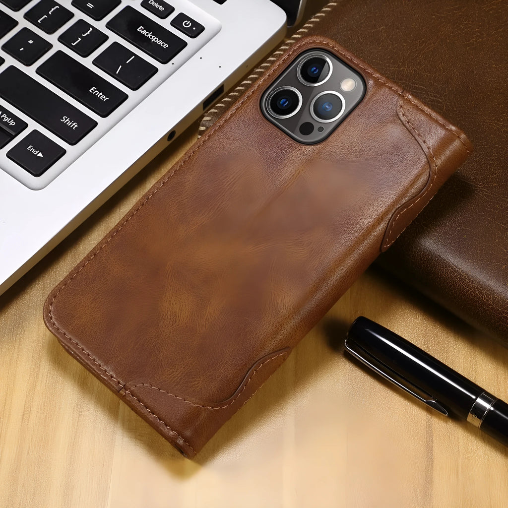 PU flip wallet phone case for iPhone 12 and 13 models in black, brown, red or blue