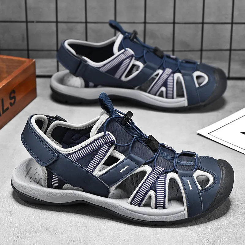 Men's blue and black casual sports shoes with mesh upper and Velcro strap.