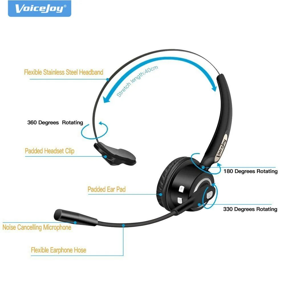 Over-ear Bluetooth headset with microphone for truck drivers and office use with noise cancellation