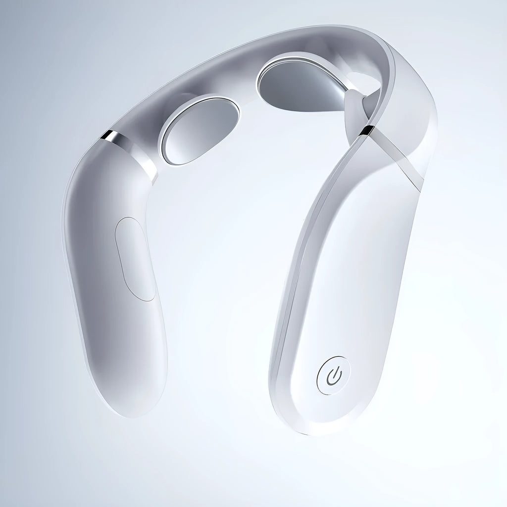 Jeeback G2 white cervical massager, 140mm x 85mm x 148mm, TENS pulse neck and back device with remote control.