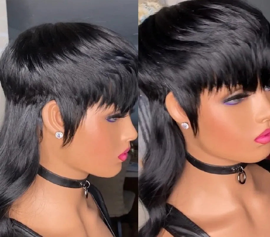 Black synthetic Brazilian wig with straight bangs and long back length.