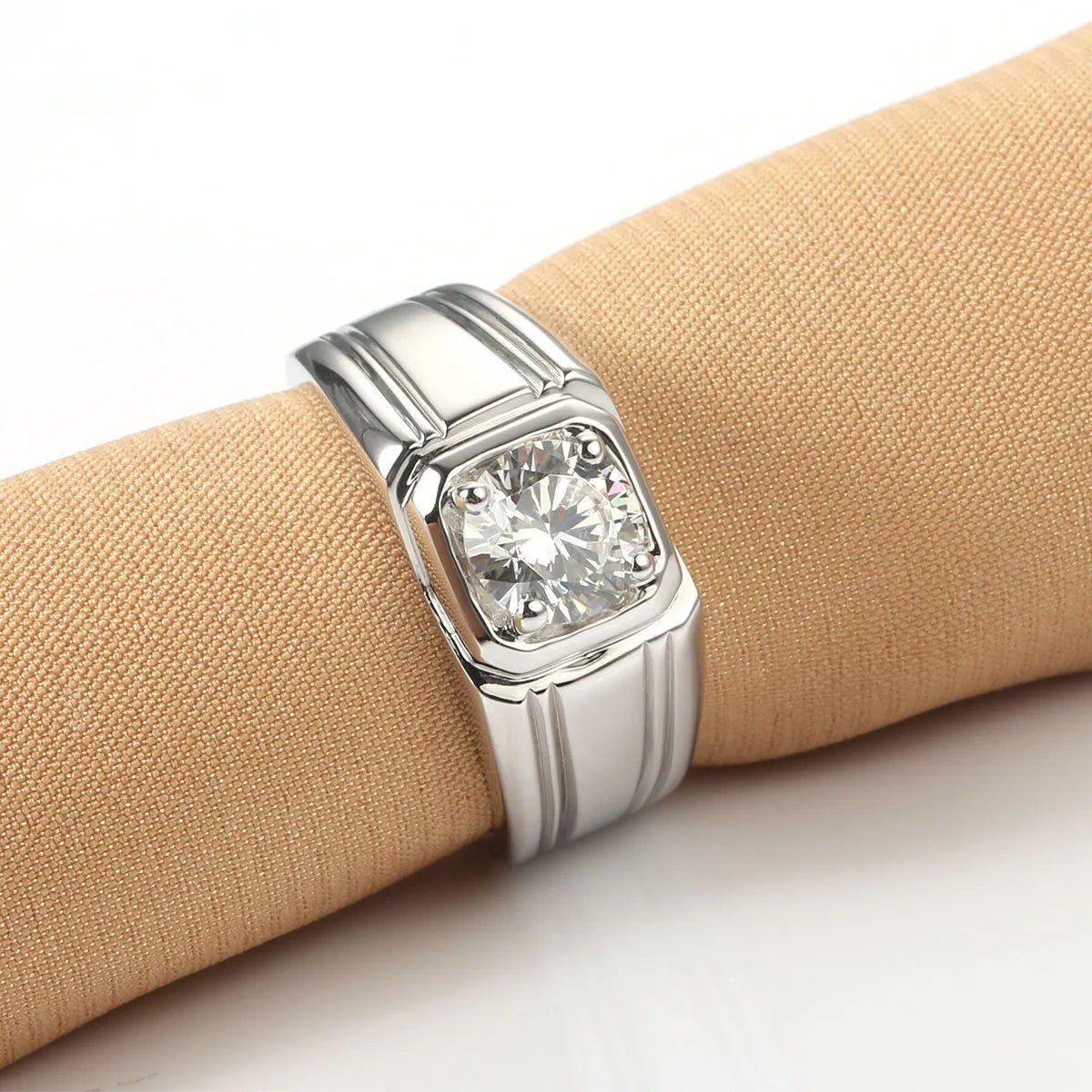 Sterling silver gold-plated ring with circular mosaic-style stone, insert drill setting, sizes 16-26, high carbon or Mo SangShi.