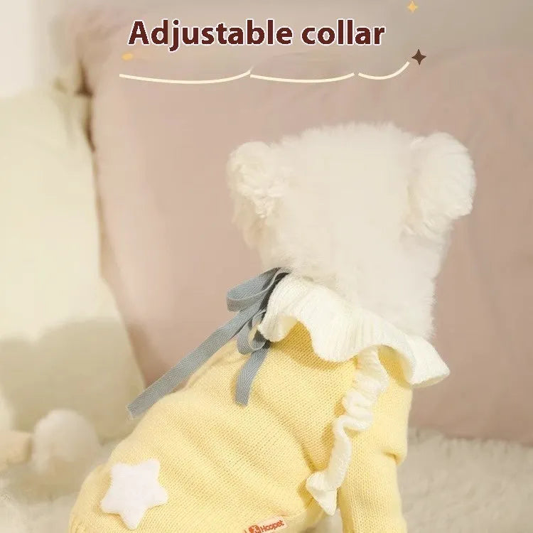 Yellow acrylic dog sweater with Fairy Dress pattern on a small breed dog.
