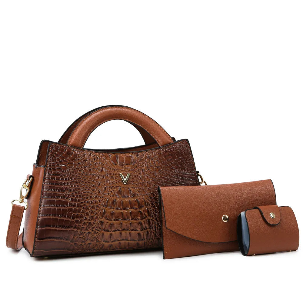 Women's square crossbody handbag in crocodile pattern PU leather, shown in apricot colour with visible strap and pockets.