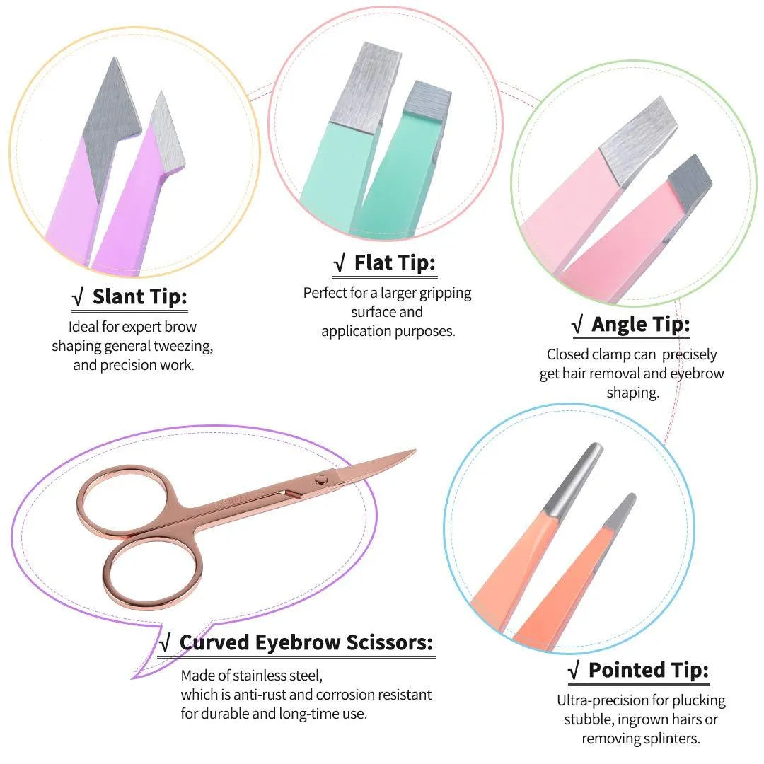 Six-piece stainless steel eyebrow tweezers set with curved scissors, brush, and leather case.