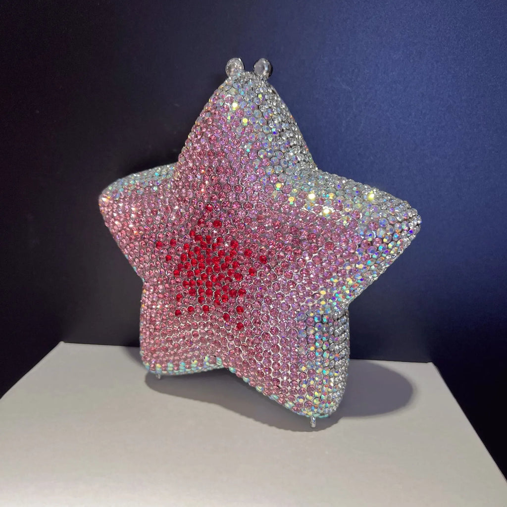 Little Star studded diamond alloy dinner handbag with hard three-dimensional shell and full diamond finish