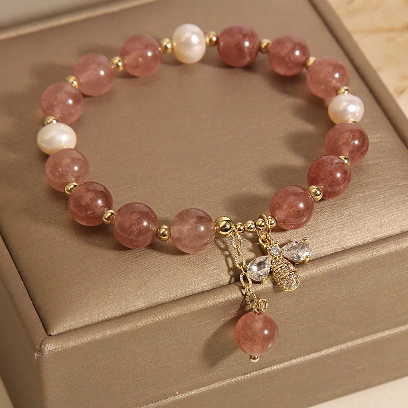 Women's strawberry quartz and freshwater pearl bracelet with zircon accents and alloy clasp
