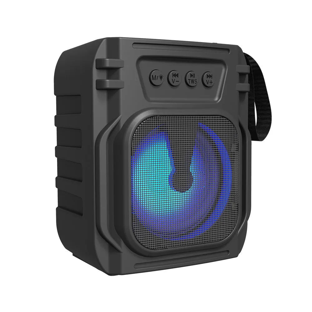 Portable Bluetooth speaker in colour 3107 with USB charging cable, dimensions 110mm by 87mm by 137mm.