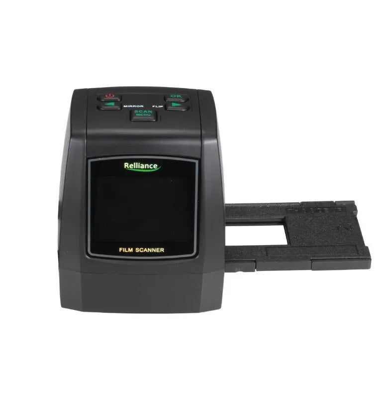 High-resolution film negative and slide scanner with colour LCD screen on a desk