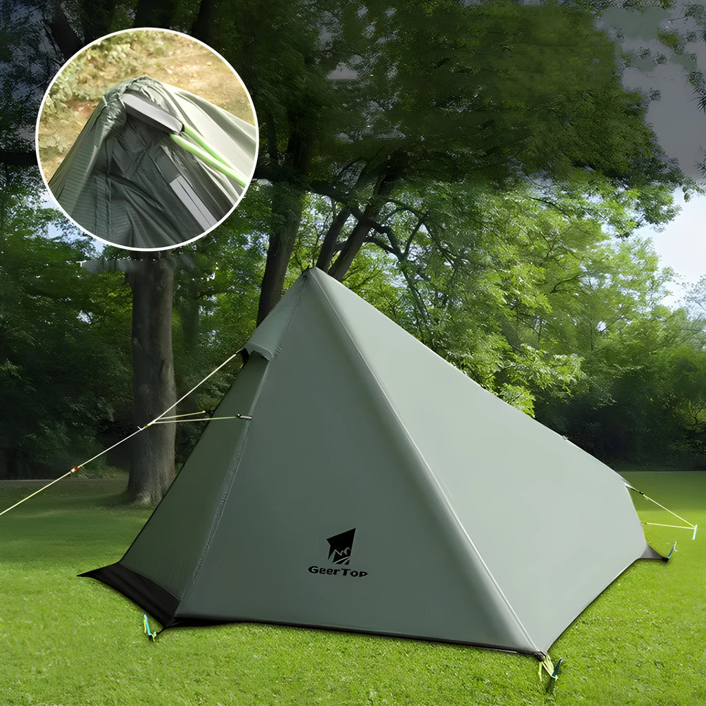 Single poleless tent full set in green with aluminium alloy bars, one bedroom and one hall, 0.95kg, waterproof 1500mm-2000mm