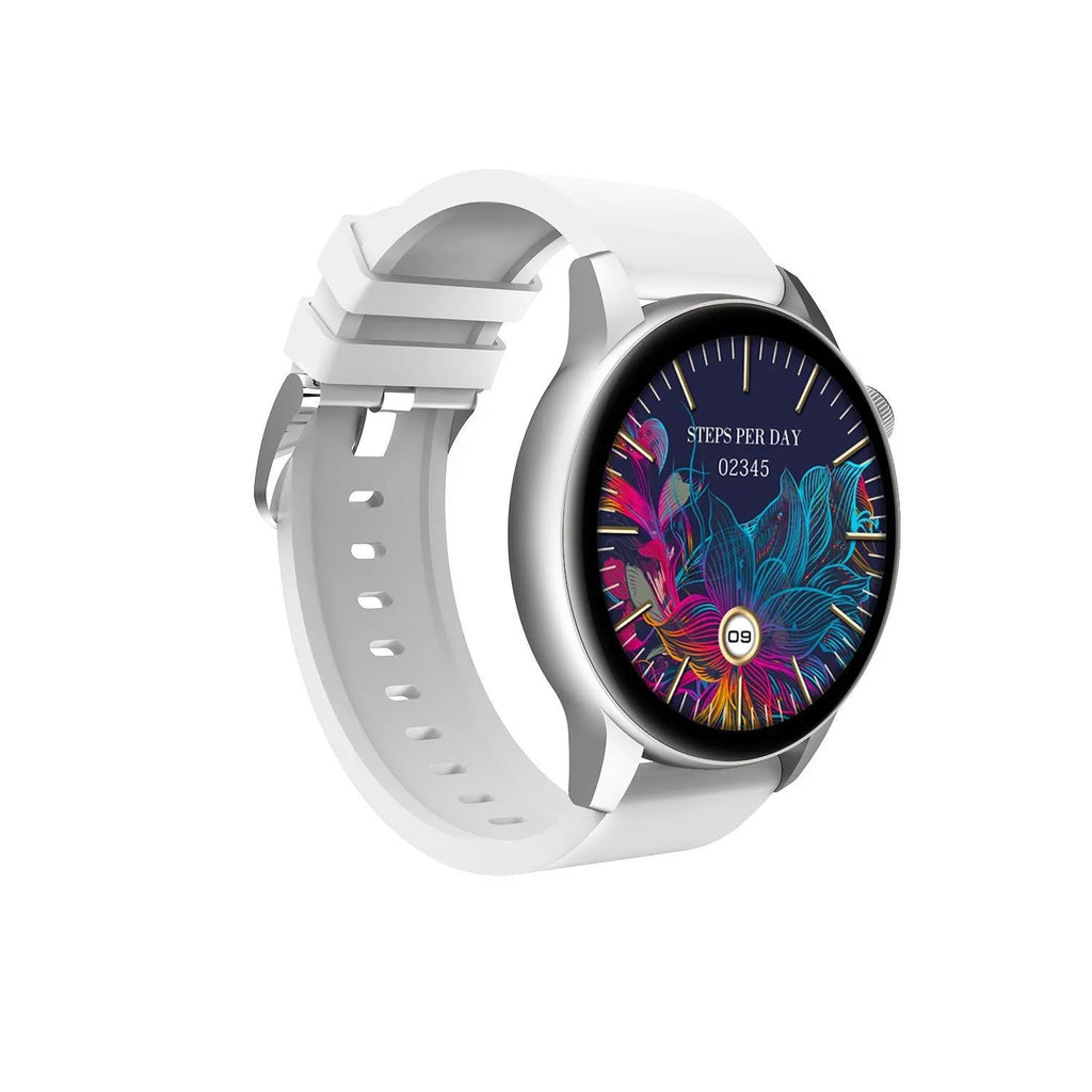 Square stainless steel smart watch with 1.30-inch colour screen shown in black, pink and silver colours.