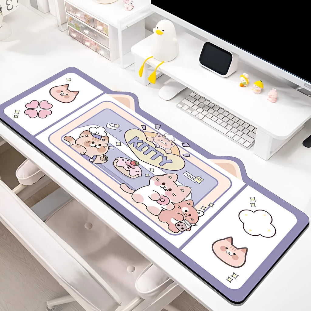 Oversized natural rubber desk pad mouse mat in Pink Bunny design showing 50x100cm size on office desk