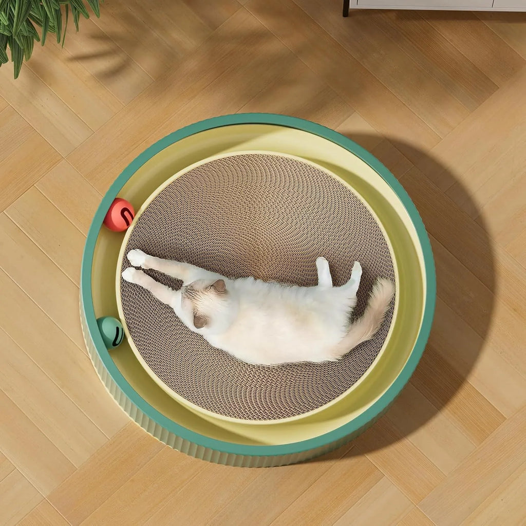 Large green circular cat scratching board with integrated moving ball toys and a spring plush ball.