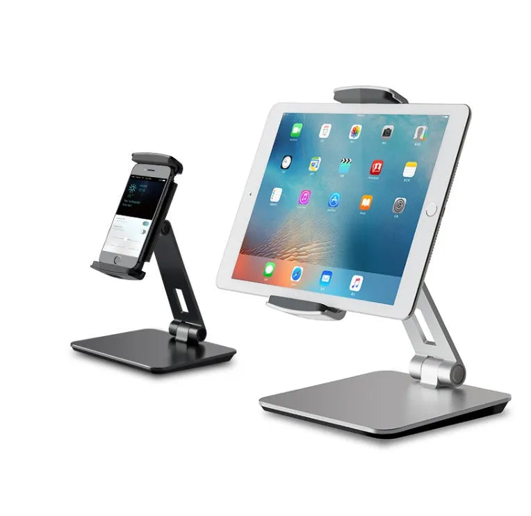 Folding aluminium phone and tablet holder with 360° rotation in black or silver