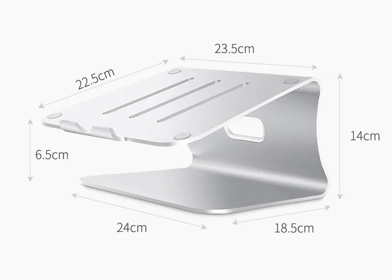 Aluminium laptop cooling bracket in grey or silver with rotary adjustability for mounting fans.