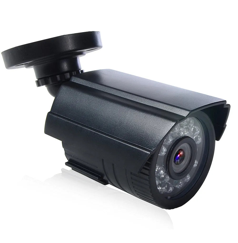 Black HD waterproof security camera with fixed lens for outdoor surveillance.