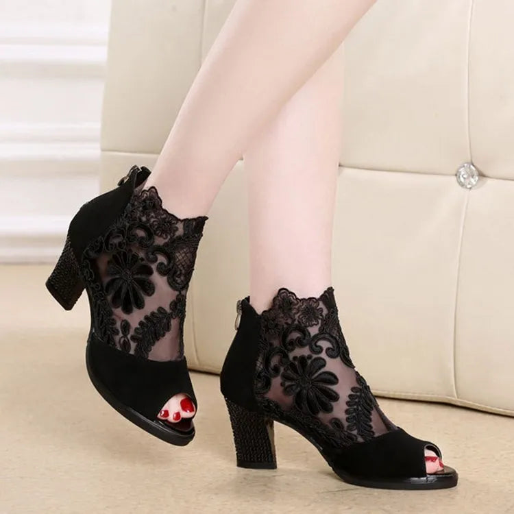 Women's black floral lace gladiator sandals with zip closure and square heels