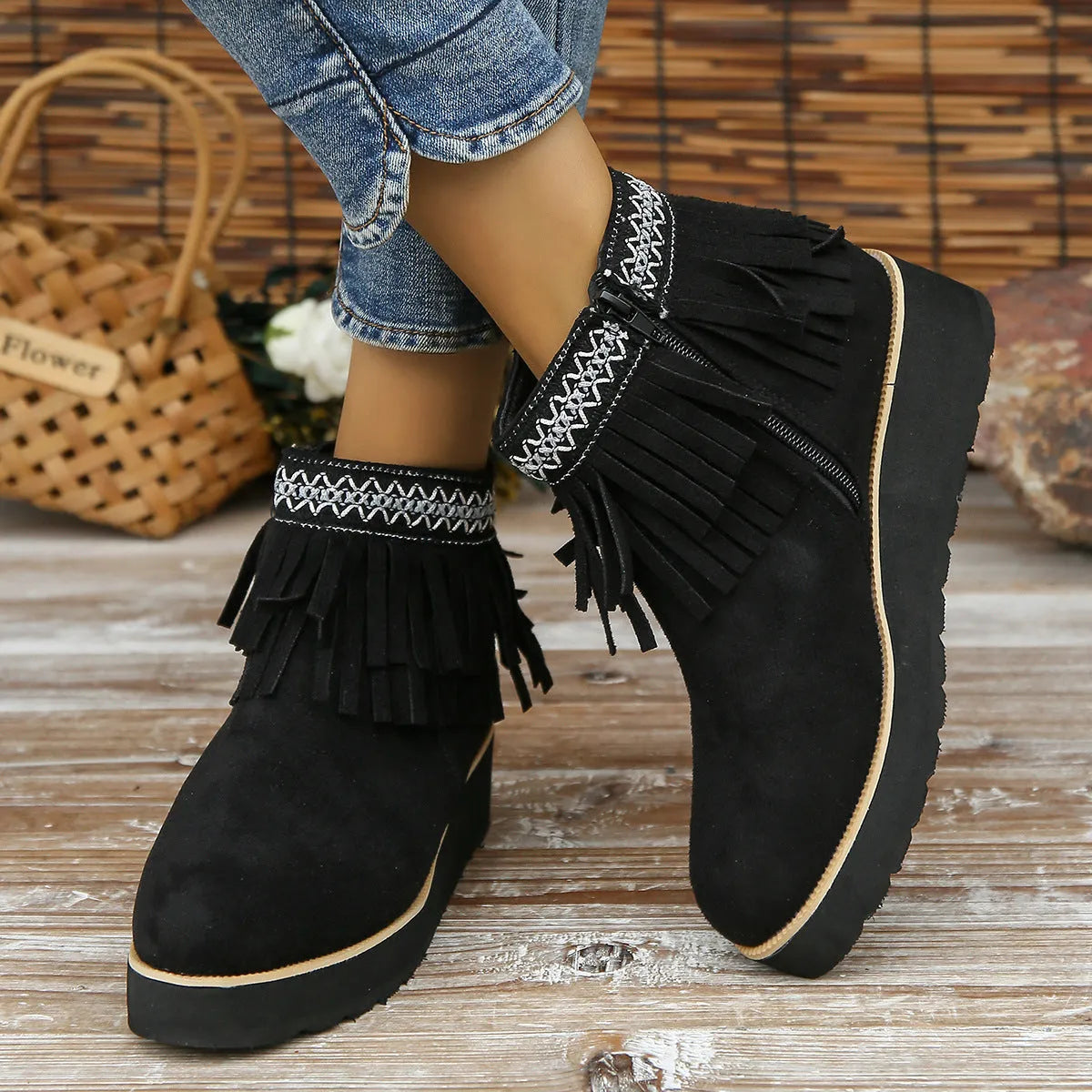 Women's wedge ankle boots with suede upper, side zip, and waterproof platform sole in dark brown