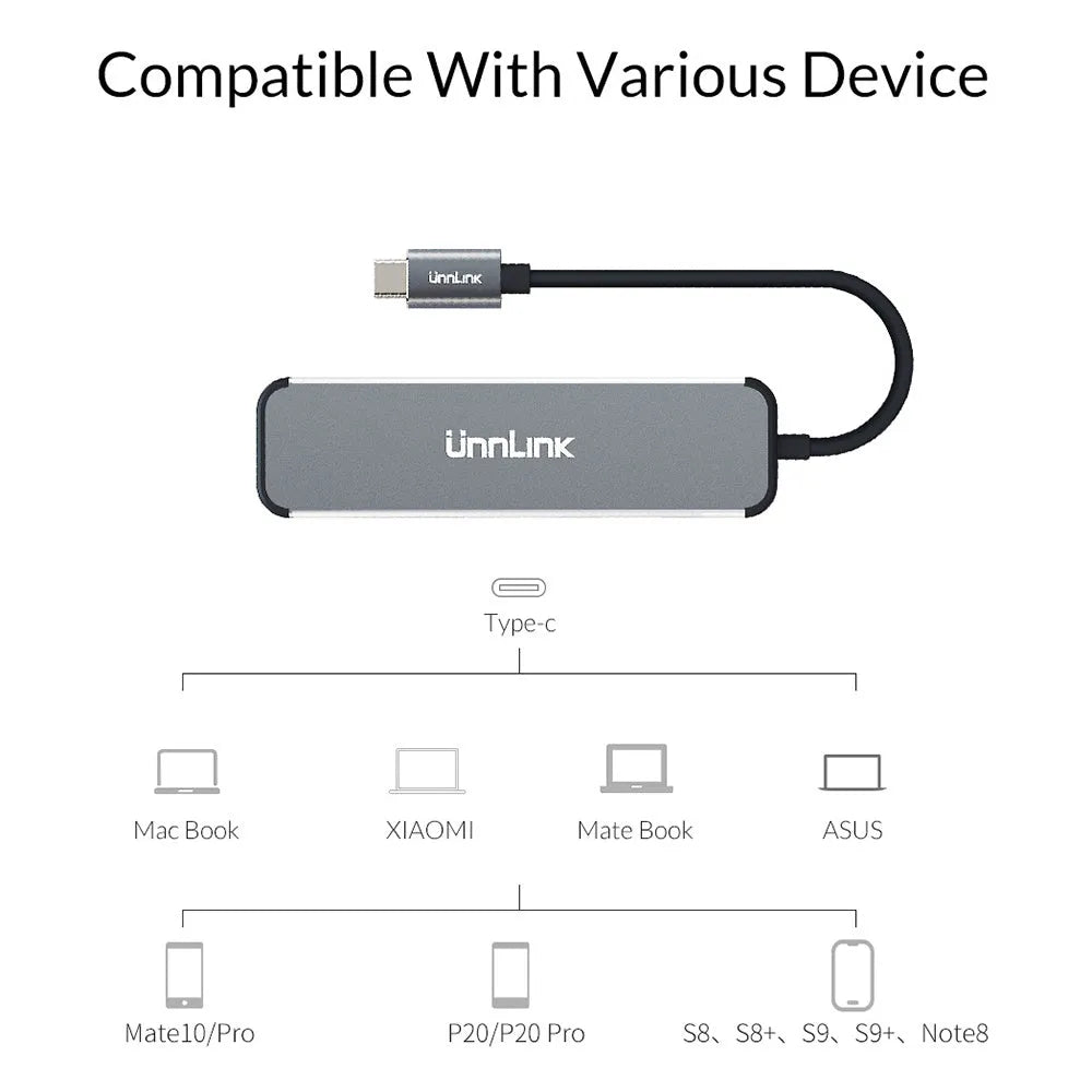 Silver aluminium alloy Type-C docking station with HDMI, SD, TF, and USB 3.0 ports, 4K 30Hz adapter