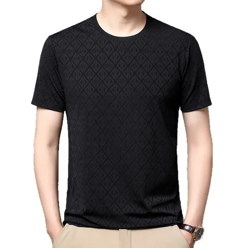 Man wearing a loose fit round neck short sleeve shirt in ice silk fabric.
