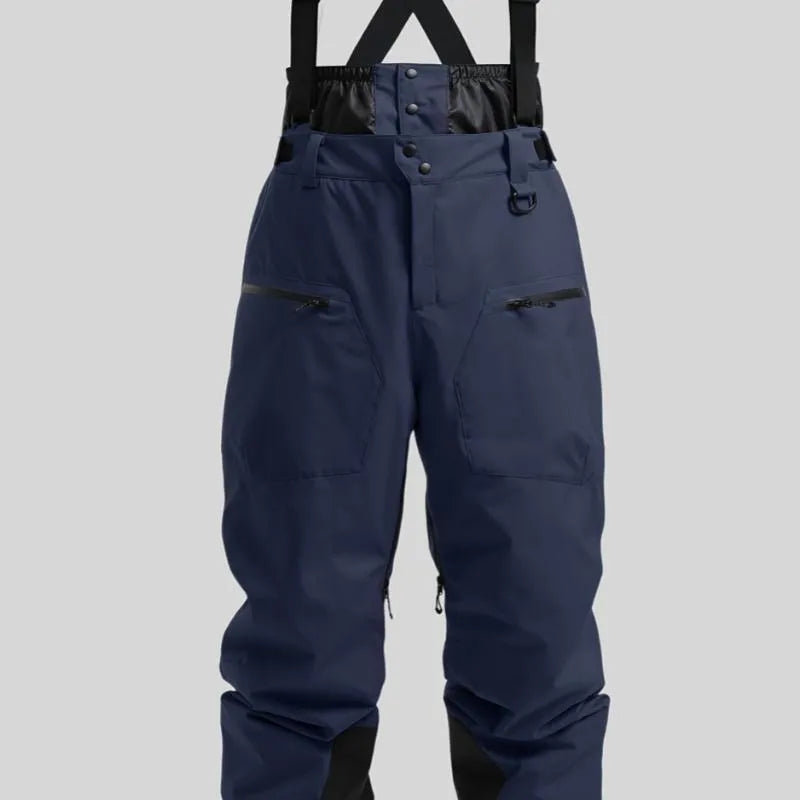 Men's black waterproof ski trousers with strap detail, made from flame-retardant linen fabric.