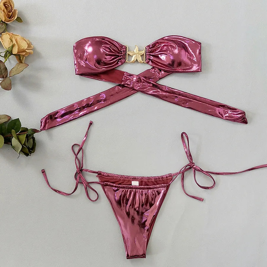 Women's glossy tube top bikini with gold starfish pattern in sapphire blue and pink quick dry swimwear