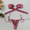 Women's glossy tube top bikini with gold starfish pattern in sapphire blue and pink quick dry swimwear