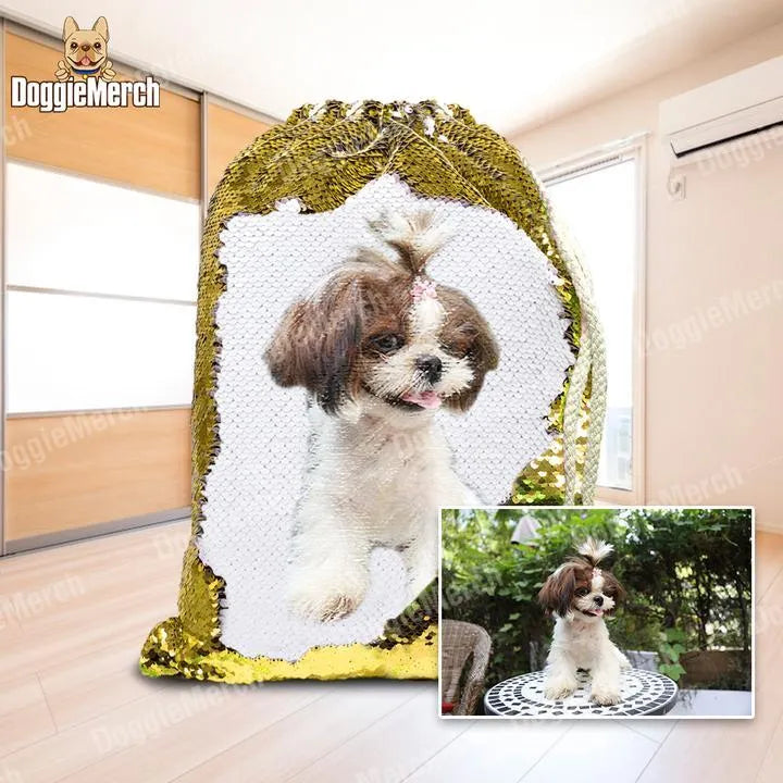 Custom purple sequins backpack featuring a dog's photograph with drawstring closure